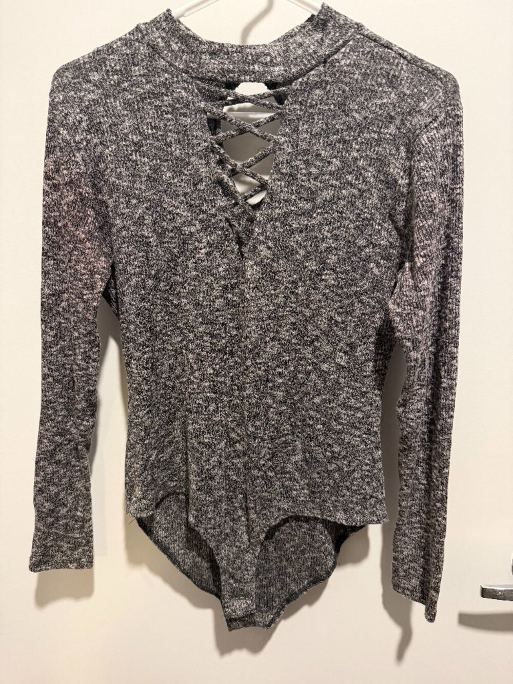 Charlotte Russe Grey Ribbed Lace‑Up Bodysuit • Size Large